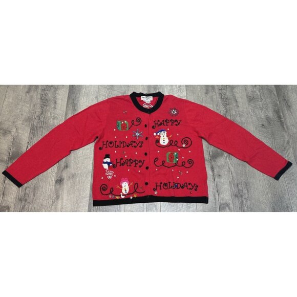 Vintage Jack B Quick Christmas Cardigan Sweater Womens Large Snowman Sequins 90s - Picture 1 of 10